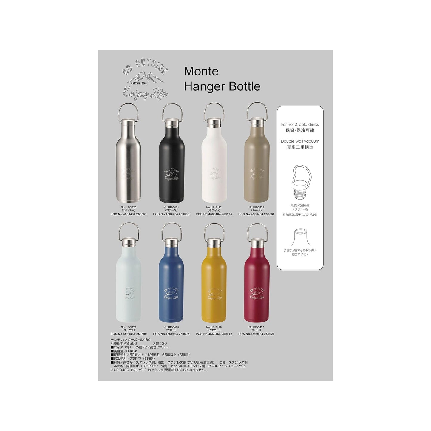 مطرة Captain Stag Monte Insulated Bottle حافظة للحرارة سعة 480مل | طبقتين من الستانلس ستيل المعزول | عدة ألوان جذابة
