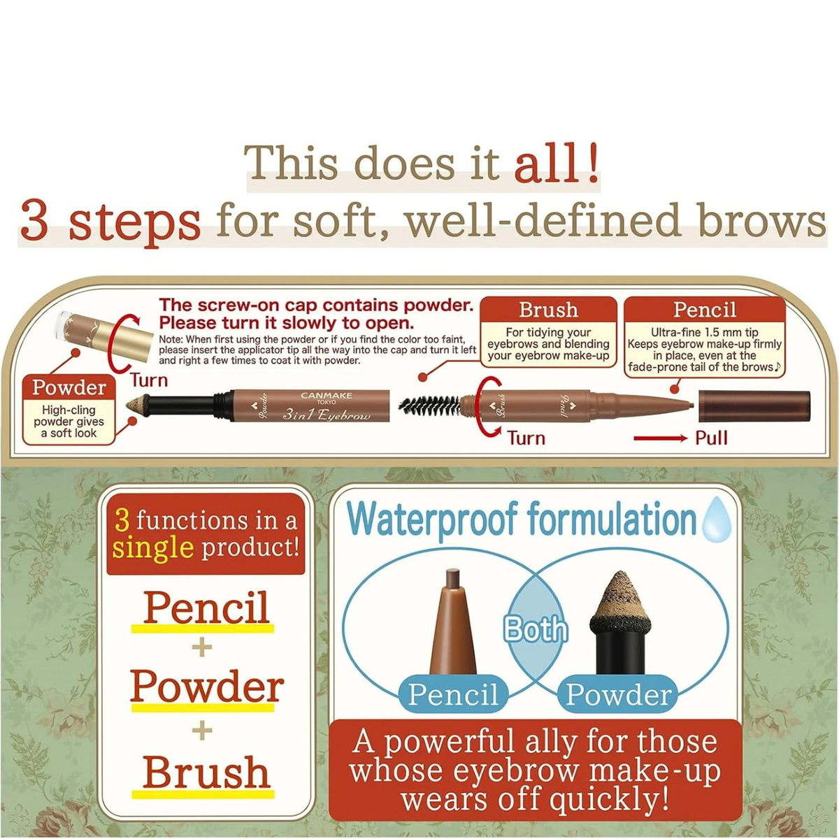 CANMAKE 3 in 1 Eyebrow Pencil – قلم حواجب 3 في 1 مقاوم للماء