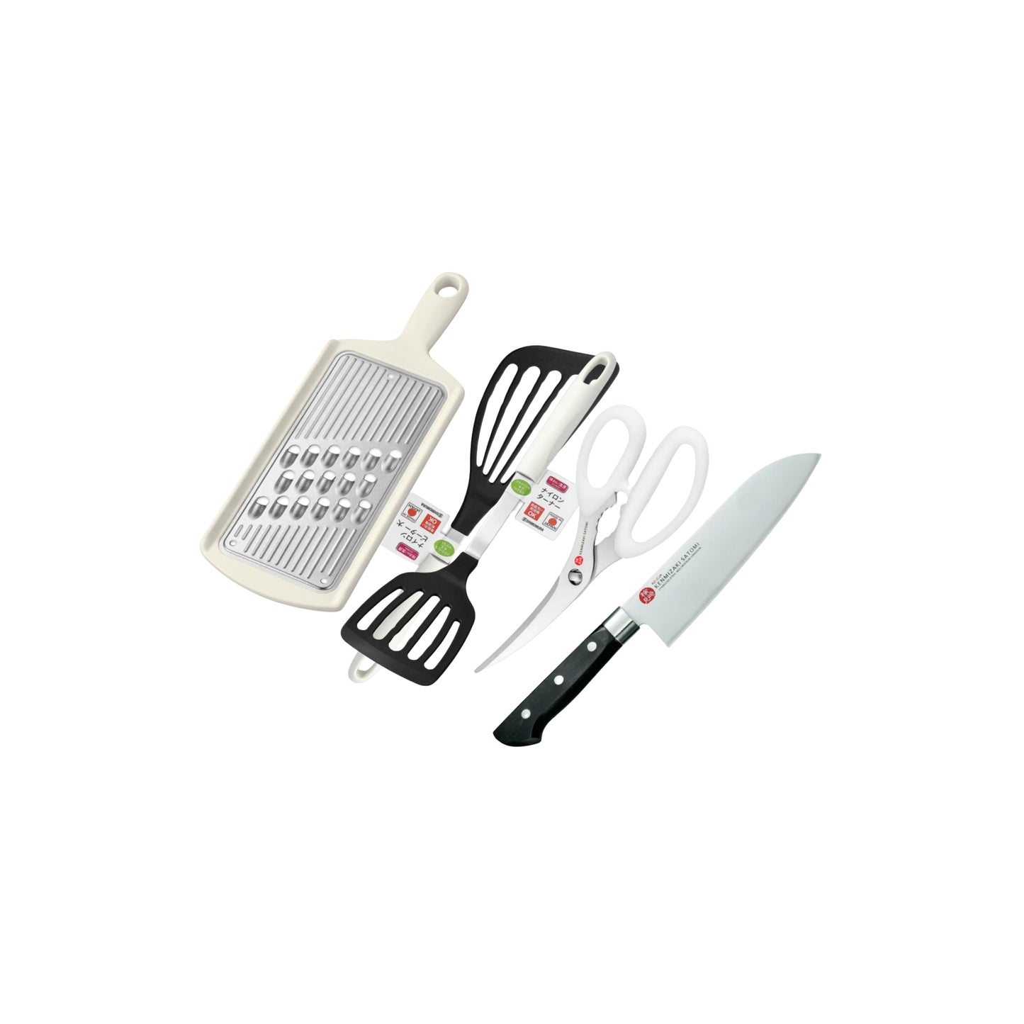 بكج أدوات مطبخ متنوعة [سكين Santoku +مقص مطبخ+أدوات تقليب نايلون عدد2+مبشرة تيتانيوم] من العلامة التجارية اليابانية Shimomura صنع في اليابان