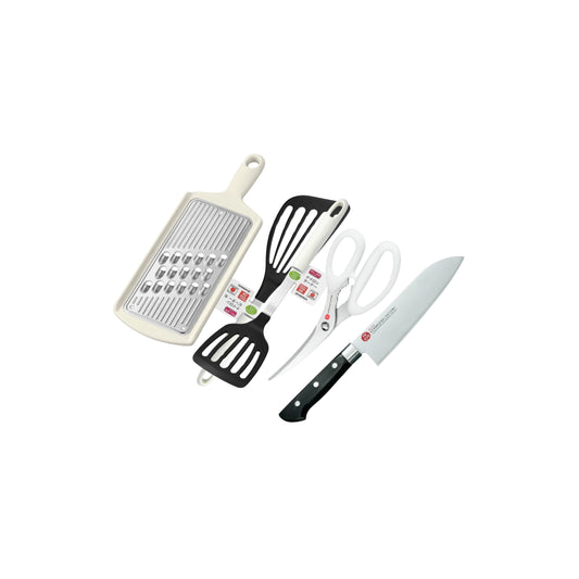 بكج أدوات مطبخ متنوعة [سكين Santoku +مقص مطبخ+أدوات تقليب نايلون عدد2+مبشرة تيتانيوم] من العلامة التجارية اليابانية Shimomura صنع في اليابان