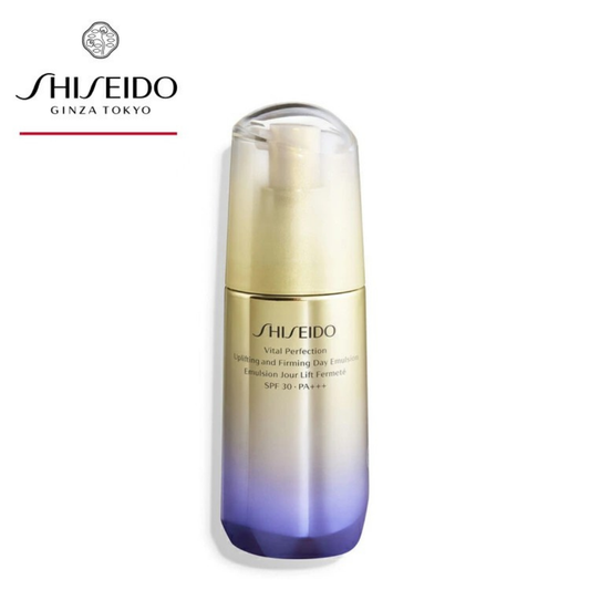 SHISEIDO Vital Perfection UL Firming Day Emulsion SPF30 PA+++ – إيمولشن نهاري لشدّ البشرة وتفتيحها، حماية من الشمس، ترطيب طويل الأمد، للبشرة المتعبة وعلامات التقدّم في السن – 75 مل