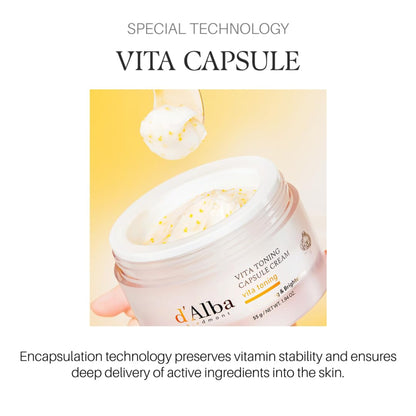 كريم d'Alba Vita Toning بالكبسولات و3 فيتامينات رئيسية C + E + K – إشراقة فورية، تفتيح البقع، وترطيب فاخر ينعش بشرتك يوميًا (55g) - صنع في كوريا الجنوبية وارد اليابان