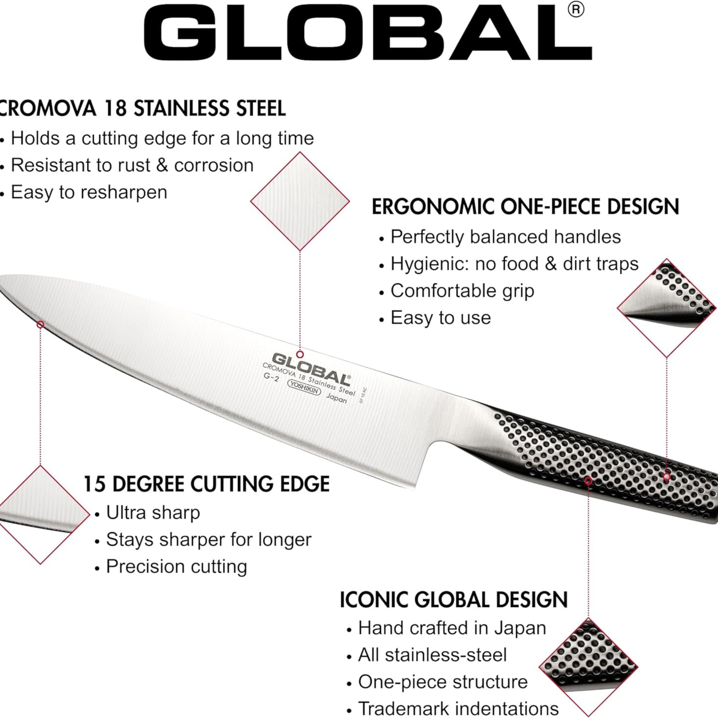 مجموعة سكاكين G - من الفولاذ المقاوم للصدأ بالكامل - عدة قياسات وأنوع | من العلامة التجارية الرائدة Global - صنع في اليابان