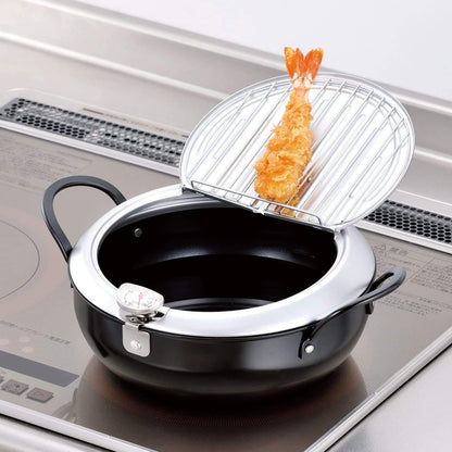 WAHEI FREIZ Tempura Pot – قدر قلي ياباني من حديد الزهر المطلي مع مقياس حرارة وشبك مصفاة