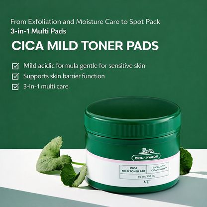 [بكج من عبوتين] فوط تونر يومية  CICA Mild Toner من VT Cosmetics - تركيبة من المواد الطبيعية والفعّالة مثل السيكا والهايالورونيك أسيد لتقشير البشرة بلطف وترطيبها - وتهدئتها - صنع في كوريا وارد اليابان