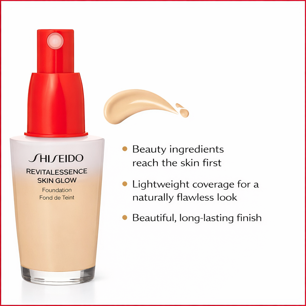 فاونديشن Essence Skin Glow من SHISEIDO - تركيبة مبتكرة تجمع بين أداء المكياج والعناية بالبشرو والحماية من الشمس - تركيبة من مكونات طبيعية و12 درجة لون - صنع في اليابان