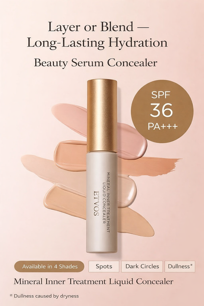 كونسيلر ETVOS العلاجي بتركيبة سيروم – Mineral Inner Treatment Liquid Concealer SPF36 – تغطية طبيعية وترطيب عميق مع حماية شمسية - صنع في اليابان
