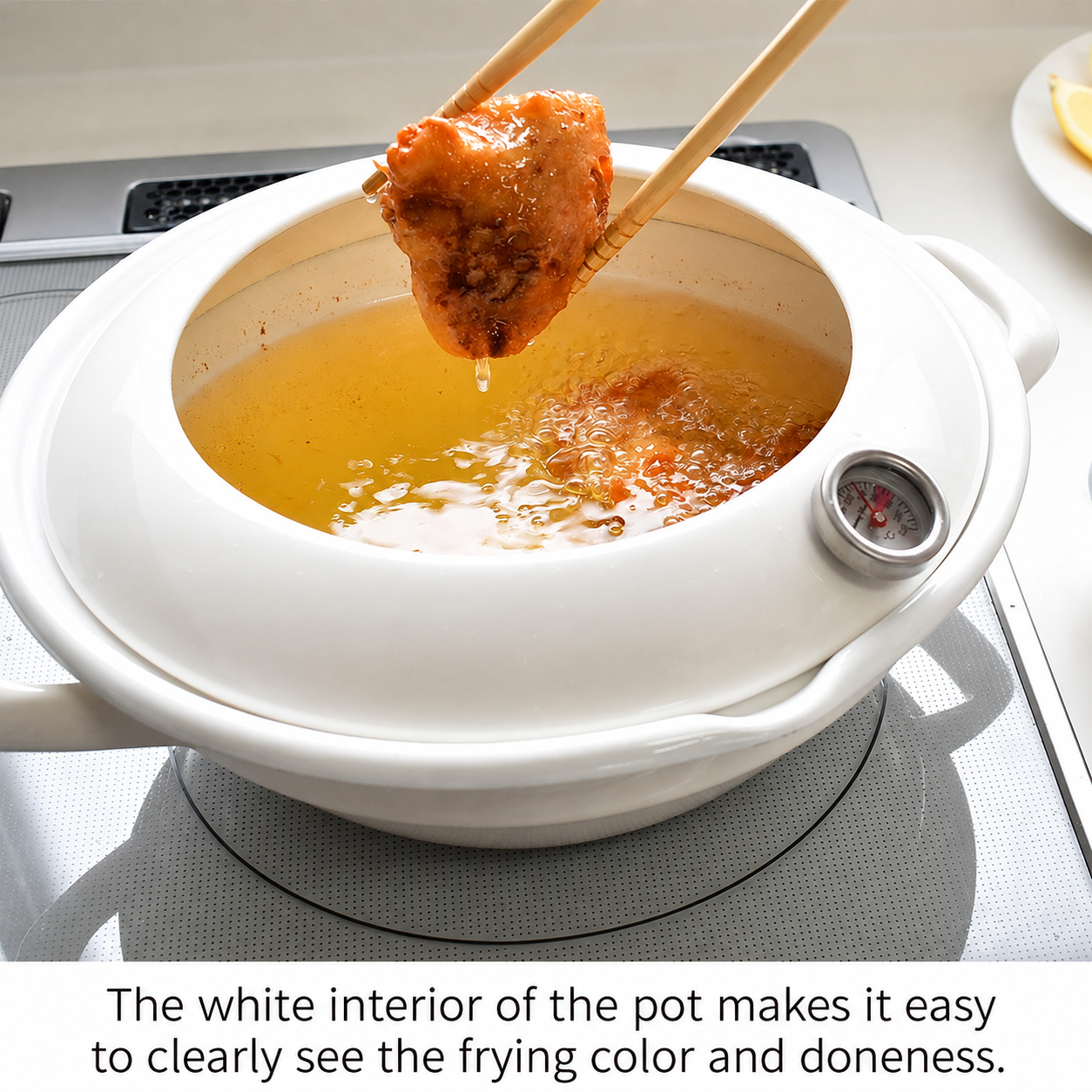 FUJIHORO Japan Tempura Enamel Pot 24cm – قدر قلي من المينا مع مقياس حرارة وحاجز منع تناثر الزيت | 2.8 لتر
