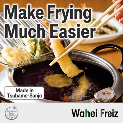WAHEI FREIZ Tempura Pot – قدر قلي ياباني من حديد الزهر المطلي مع مقياس حرارة وشبك مصفاة