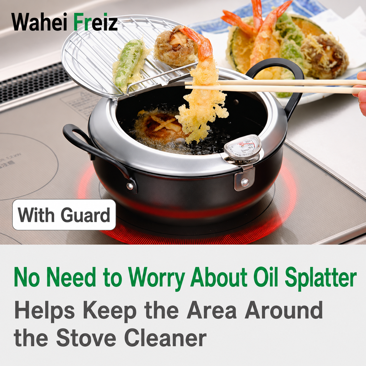 WAHEI FREIZ Tempura Pot – قدر قلي ياباني من حديد الزهر المطلي مع مقياس حرارة وشبك مصفاة