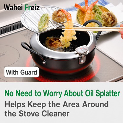 WAHEI FREIZ Tempura Pot – قدر قلي ياباني من حديد الزهر المطلي مع مقياس حرارة وشبك مصفاة