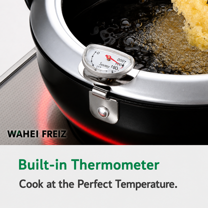 WAHEI FREIZ Tempura Pot – قدر قلي ياباني من حديد الزهر المطلي مع مقياس حرارة وشبك مصفاة