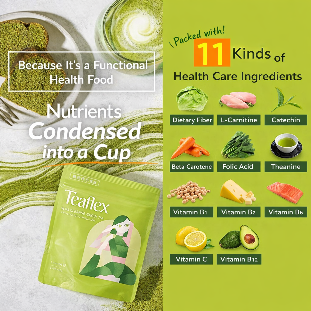 Teaflex Slim Cleanse Green Tea – شاي ماتشا وظيفي لتنظيف الأمعاء وتقليل دهون البطن | أول شاي معتمد كـ Functional Food في اليابان | يدعم الإخراج، يقلل الدهون الحشوية والخصر، غني بالألياف والبروبيوتيك والفيتامينات | قليل الكافيين | صنع في اليابان
