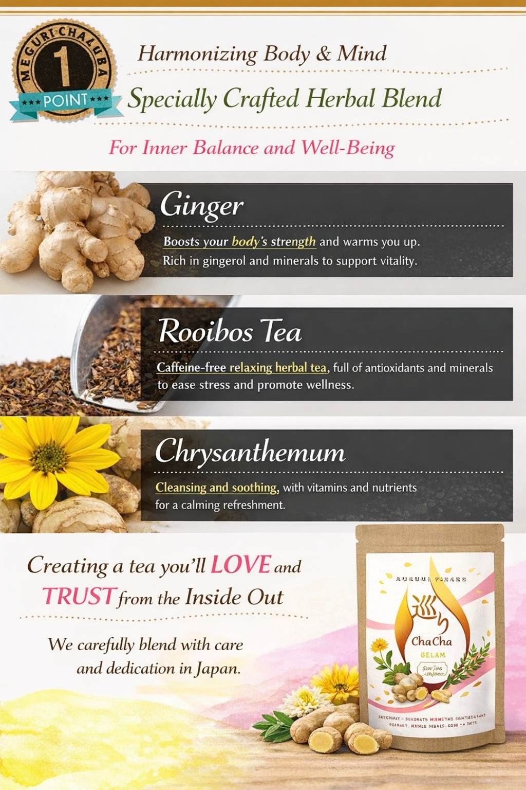 Meguri ChaCha Caffeine-Free Blend Tea – شاي ياباني علاجي بدون كافيين لدعم الدورة الدموية والهضم وتهدئة الجسم وديتوكس لطيف | مناسب للحامل والمرضع والأطفال | صنع في اليابان