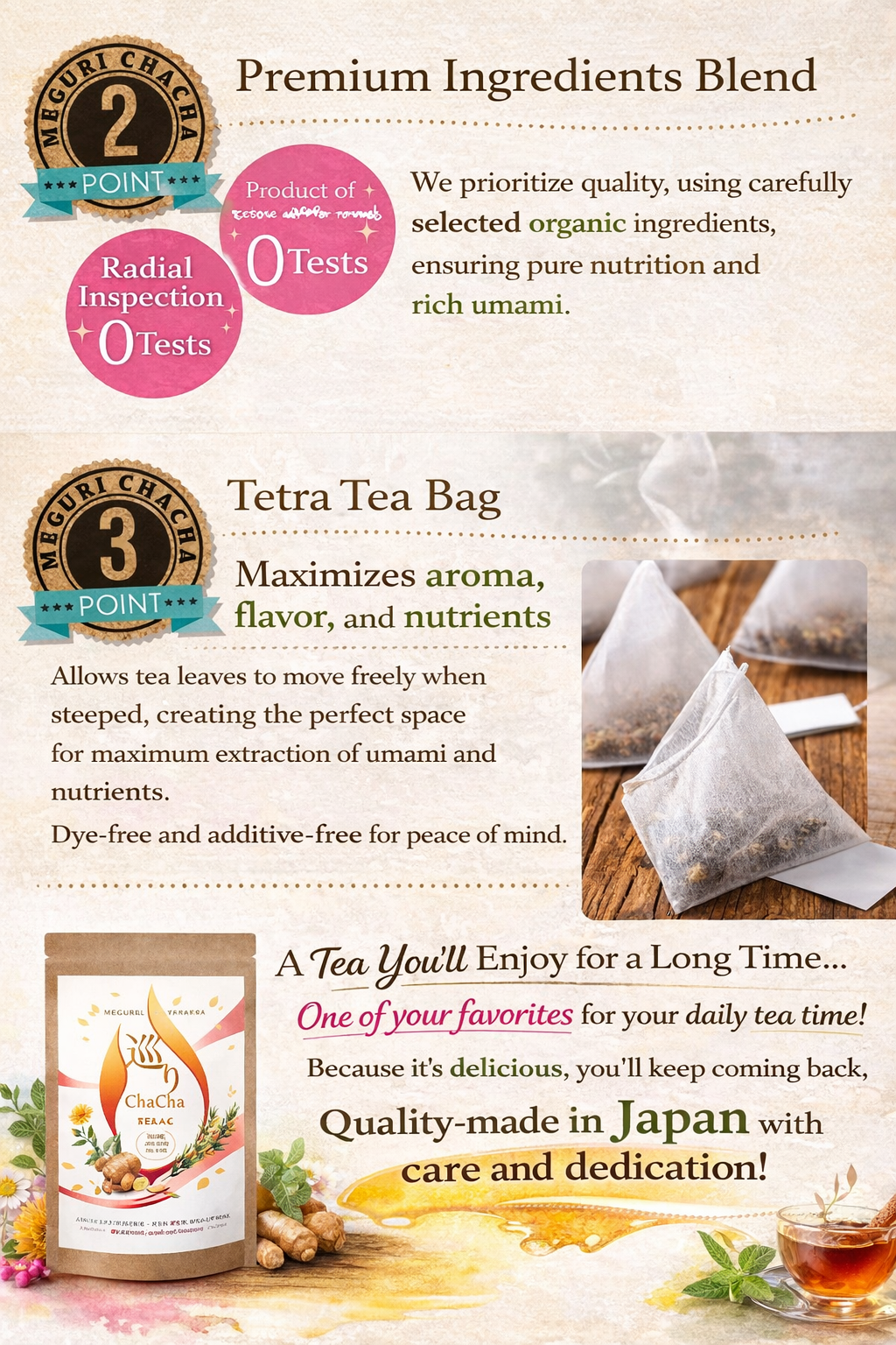 Meguri ChaCha Caffeine-Free Blend Tea – شاي ياباني علاجي بدون كافيين لدعم الدورة الدموية والهضم وتهدئة الجسم وديتوكس لطيف | مناسب للحامل والمرضع والأطفال | صنع في اليابان