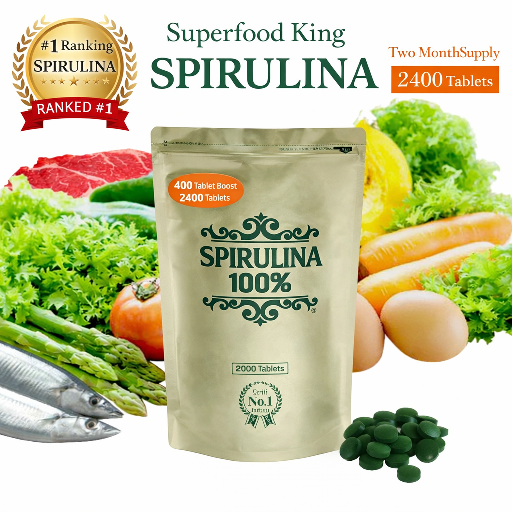 Spirulina 100% – مكمل السبيرولينا الياباني النقي | 2400 حبة | بروتين طبيعي 70% | فيتامينات ومعادن | صنع في اليابان
