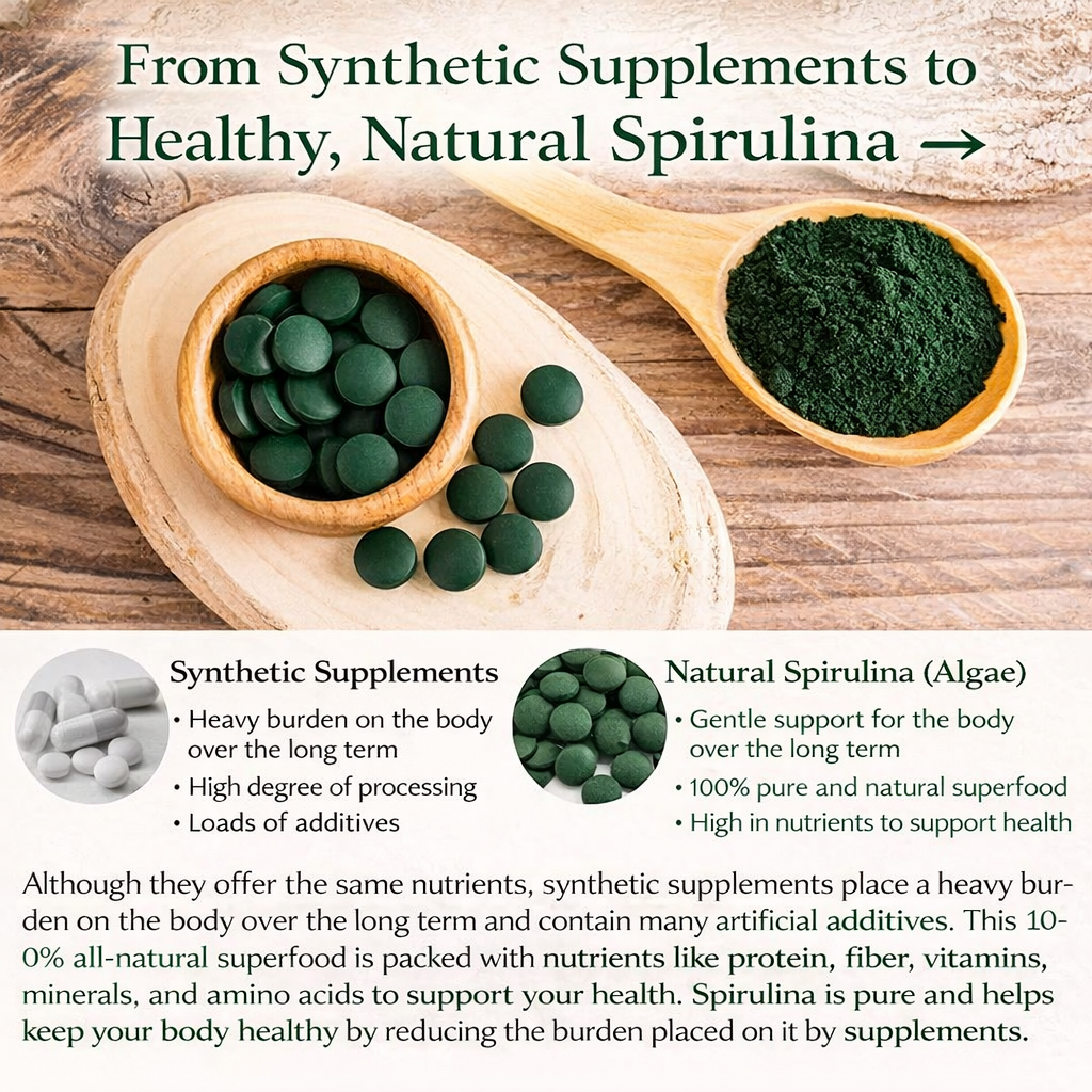 Spirulina 100% – مكمل السبيرولينا الياباني النقي | 2400 حبة | بروتين طبيعي 70% | فيتامينات ومعادن | صنع في اليابان