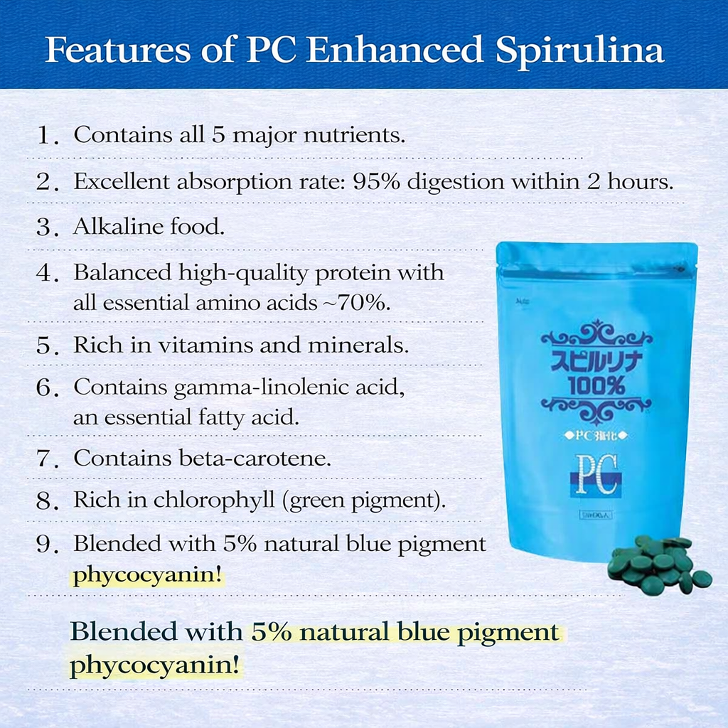 سبيرولينا يابانية معزّزة بالفيكوسيانين (5%) – 1500 قرص لدعم الطاقة والمناعة – سوبر فود غني بالبروتين والفيتامينات - صنع في اليابان
