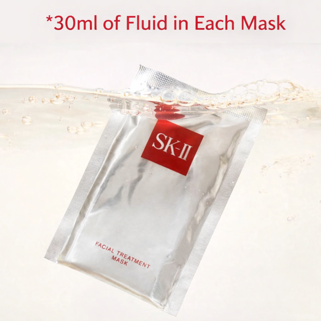 SK-II Facial Treatment Mask Pack – ماسك فاخر بتركيز عالٍ من Essence (30ml لكل ماسك) للعناية العميقة بالترطيب، إشراقة البشرة، مقاومة الجفاف وتحسين مظهر المسام – صنع في اليابان
