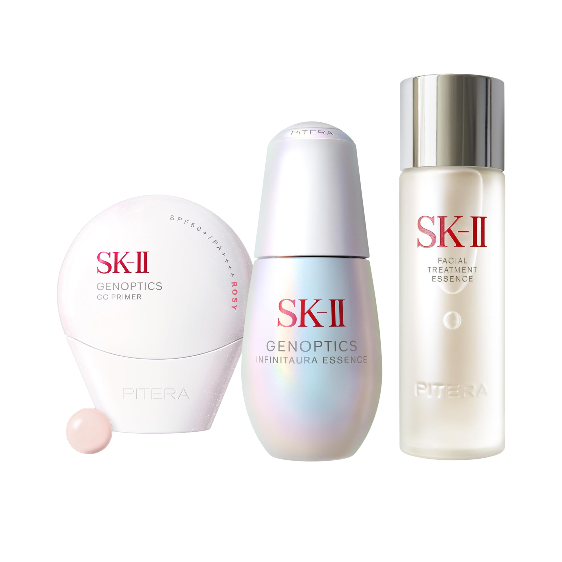 بندل SK-II الياباني للإشراقة يضم GenOptics Infinite Aura Essence وFacial Treatment Essence مع PITERA™ وGenOptics CC Primer SPF50+