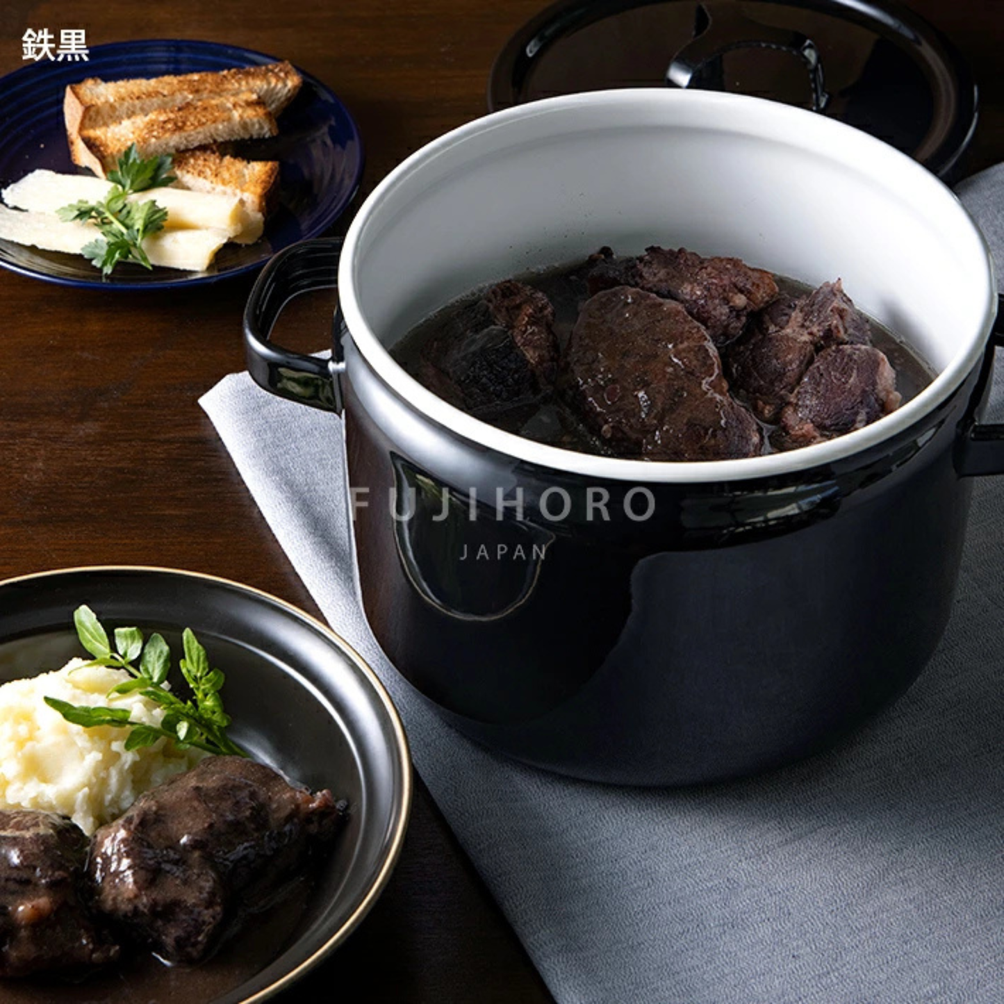 FUJIHORO Japan Takumi Series Enamel Deep Pot 22cm – قدر عميق من الفولاذ المطلي بالمينا Tetsu-iro | 5.6 لتر