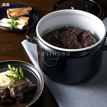 FUJIHORO Japan Takumi Series Enamel Deep Pot 22cm – قدر عميق من الفولاذ المطلي بالمينا Tetsu-iro | 5.6 لتر