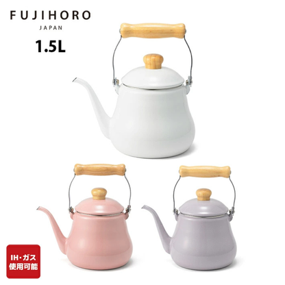 غلايات FUJIHORO Enamel Drip Kettle سعة 1.5 لتر بألوان الأبيض والوردي والبنفسجي مع فوهة دقيقة ومقبض خشبي.