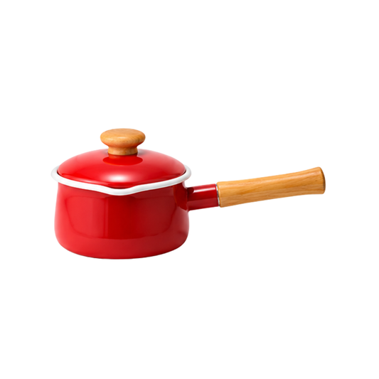 قدور FUJIHORO Enamel Milk Pan مقاس 15 سم من المينا مع مقابض خشبية، متوفرة بسبعة ألوان مختلفة.