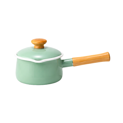 قدور FUJIHORO Enamel Milk Pan مقاس 15 سم من المينا مع مقابض خشبية، متوفرة بسبعة ألوان مختلفة.