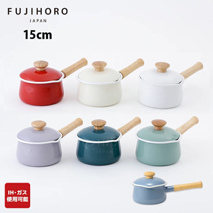 قدور FUJIHORO Enamel Milk Pan مقاس 15 سم من المينا مع مقابض خشبية، متوفرة بسبعة ألوان مختلفة.
