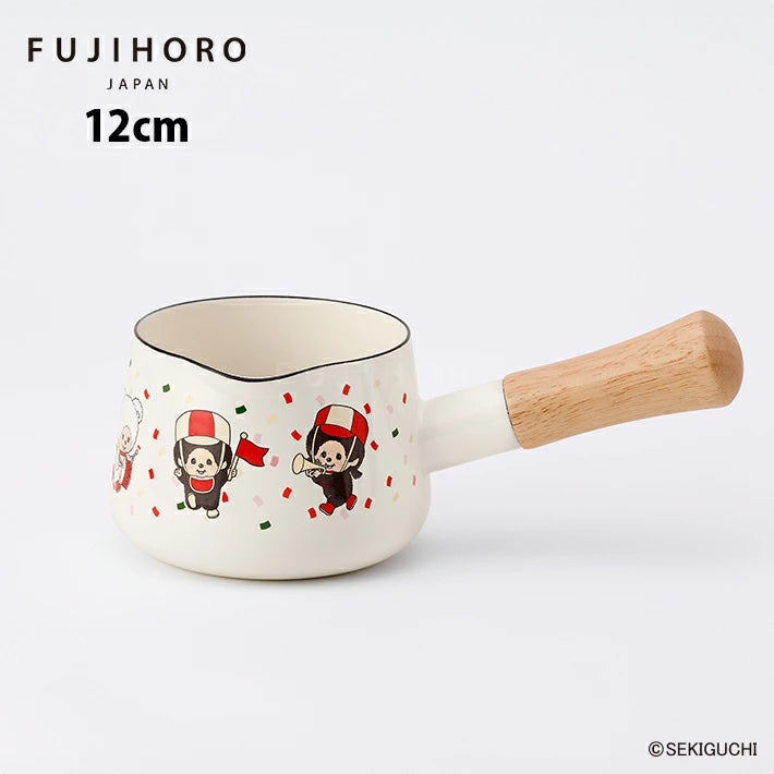 قدر FUJIHORO Monchhichi من المينا مقاس 12 سم بتصميم Let's! Parade ومقبض خشبي طبيعي.