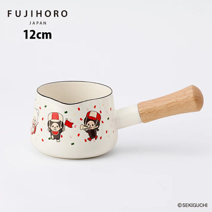 قدر FUJIHORO Monchhichi من المينا مقاس 12 سم بتصميم Let's! Parade ومقبض خشبي طبيعي.