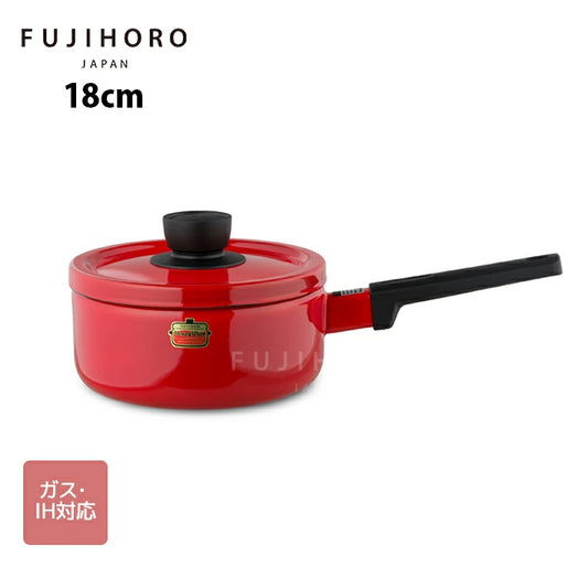 قدر FUJIHORO Solid Series Saucepan من المينا مقاس 18 سم مع غطاء ومقبض طويل أسود.