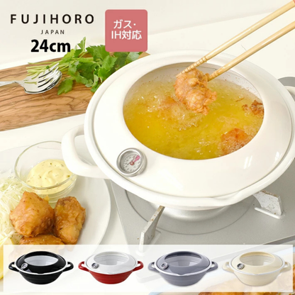 قدر FUJIHORO Tempura من المينا مقاس 24 سم أثناء القلي مع حاجز رذاذ وترمومتر لمراقبة حرارة الزيت.
